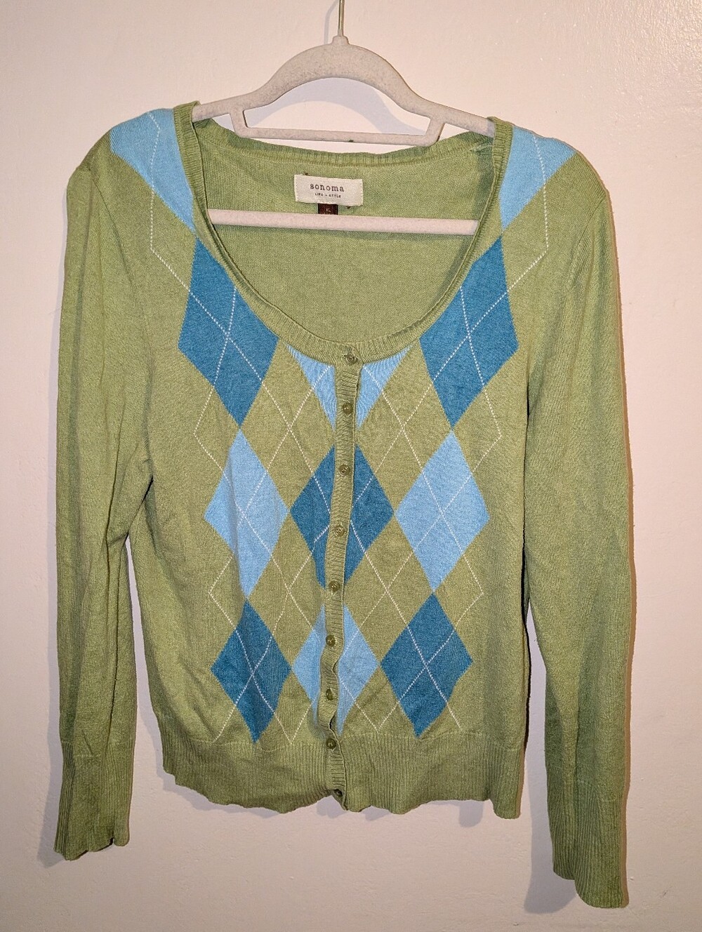 Sonoma Green Argyle Button-Front Sweater Cardigan Size XL